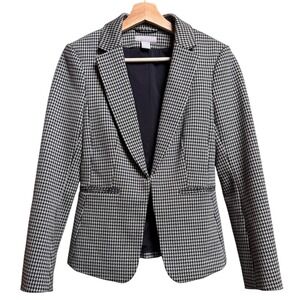H&M Womens Houndstooth Blazer Jacket  Size 2 Black White Office Preppy Academia